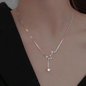 #NEW 925 Sterling Silver Diamond Star Drop Necklace